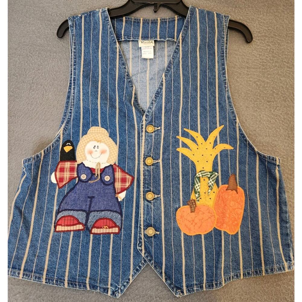 Vtg Vivaldi Jeanswear Vest Womens Large Blue Denim Fall Appliqués‎ USA Made EUC